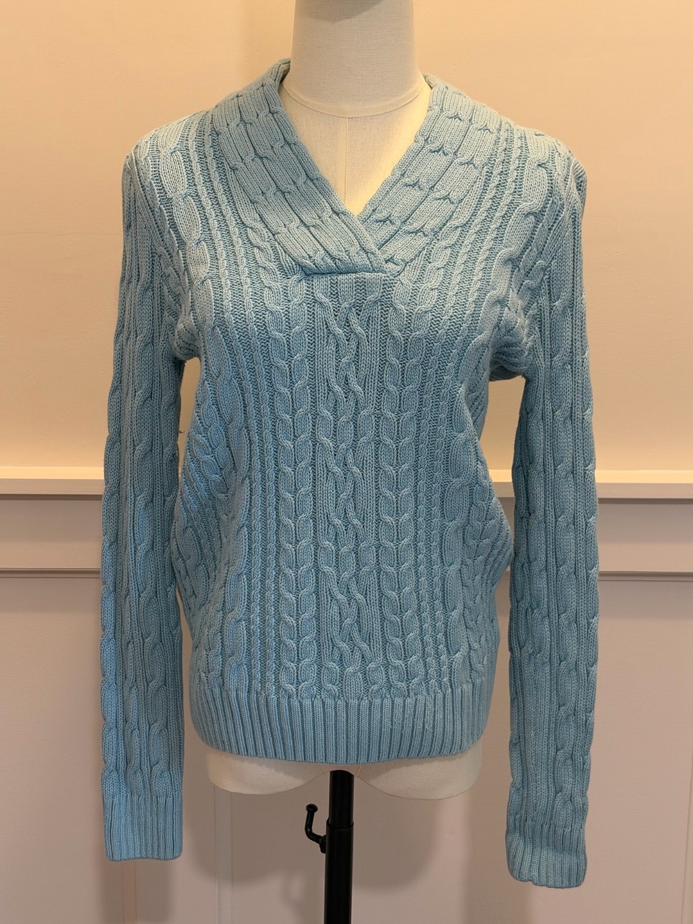 JEANNE PIERRE Sky Blue Cable-Knit V-Neck Sweater